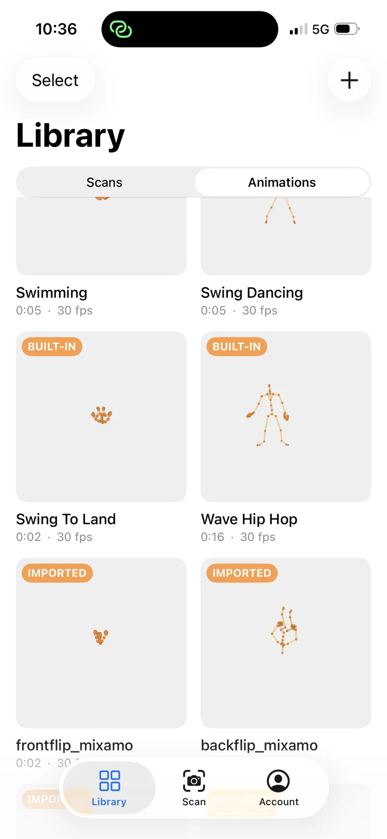 Animation library with built-in and imported clips