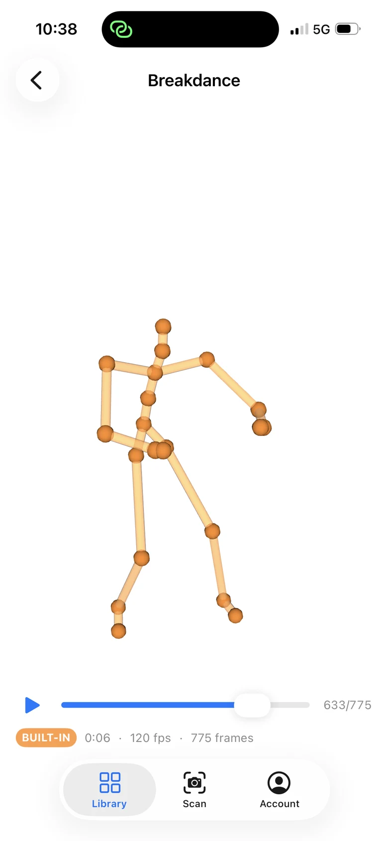 Skeleton preview of a breakdance animation in LiDARo